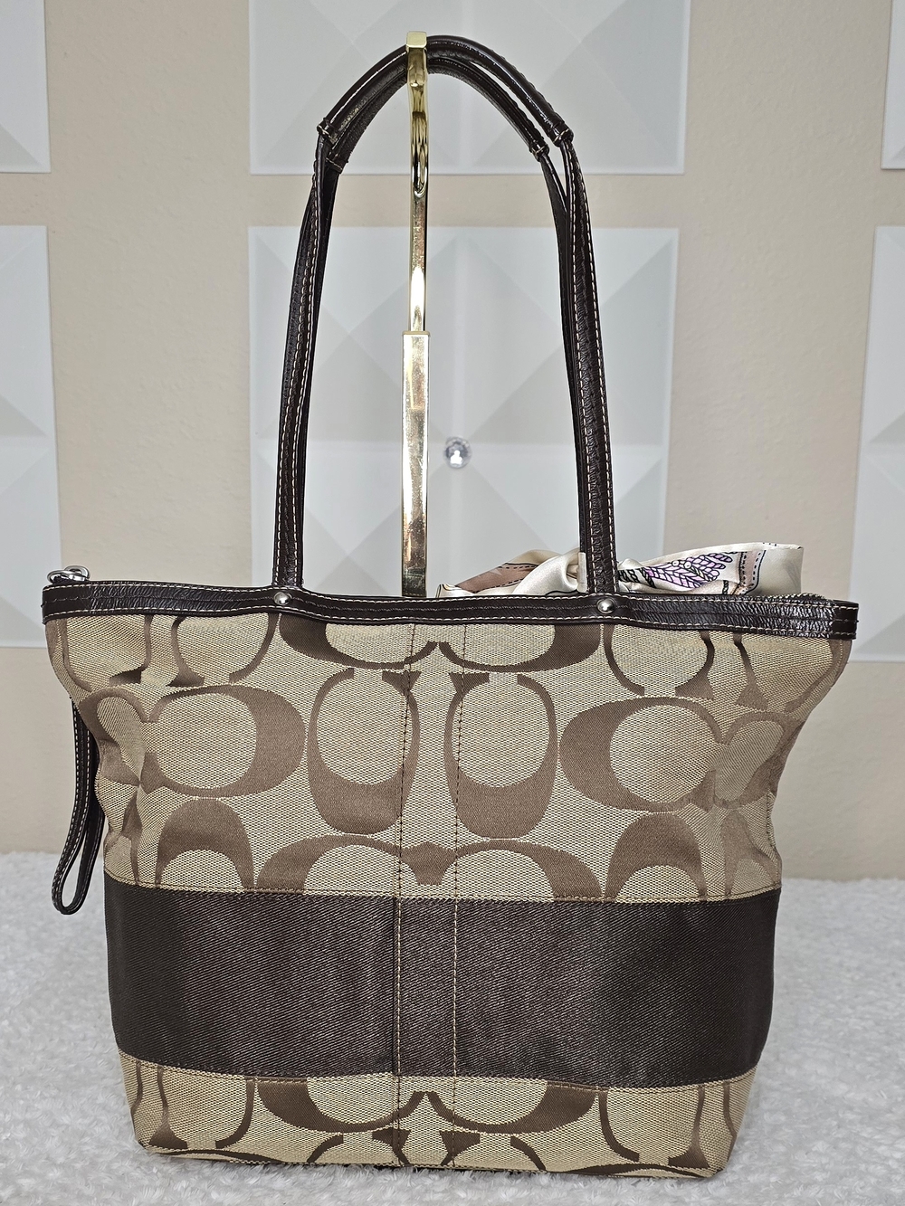 Coach Signature Stripe Canvas Tote Bag Brown Khaki Leather Trim Zip Top - Picture 2 of 11